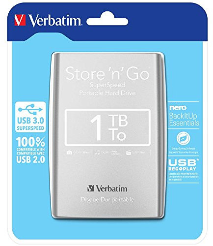 Verbatim 53071 1TB Store 'n' Go USB 3.0 2.5 Inch External Hard Drive -Silver