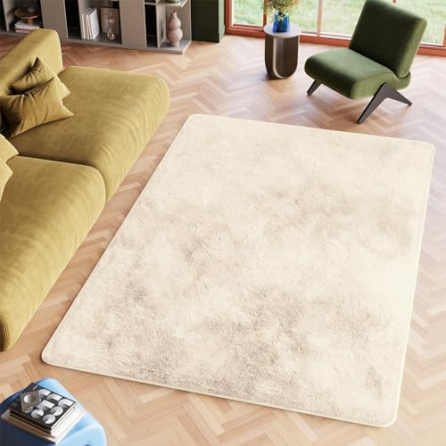 TAPISO Silk Tapis Shaggy Poils Longs Antidérapant Moderne Crème Uni Tapis Salon Chambre Adulte Enfant Descente de Lit Moelleux Fausse Fourrure Epais Oeko-TEX 80 x 150 cm