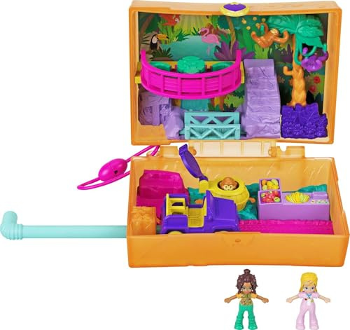 Polly Pocket GKJ53 - Saftspaß-Safari Schatulle mit lustigen Überraschungen, den kleinen Puppen Polly und Shani, 2 Faultier-Figuren und Stickerbogen; Spielzeug für Kinder ab 4 Jahren