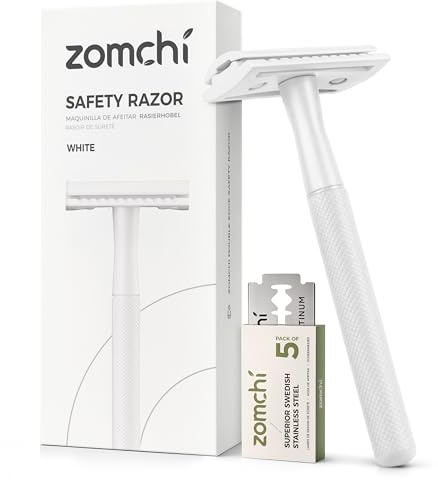 ZOMCHI Rasoir de sécurité à double tranchant pour hommes et femmes, rasoir en métal avec 5 lames à double tranchant, rasoir à lame unique – Blanc
