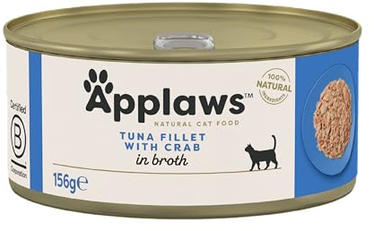 Applaws 100% Natural Adult Wet Cat Food, Tuna Fillet with Crab in Broth 156 g Tin (Pack of 24 Tins)