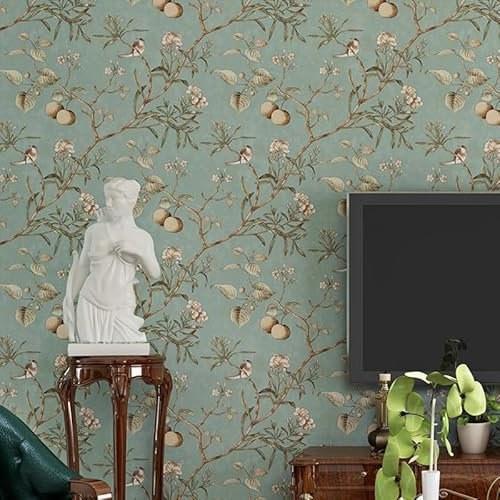 Retro American Country Pastoral Vlies-Tapete AB Version von Obstbaum, Blumen und Vögel, Schlafzimmer, Wohnzimmer, TV-Hintergrund, Wanddekoration, 1.73'W x 32.8'L Nicht Geklebt(Blau A)