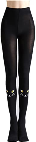 Black Sugar Collant Tatouage Chat Lapin Ours Ourson Panda Blanc Noir Bicolore Peau Nœud Papillon Femme Fille Adulte Ado Opaque Kawai Japonais Mignon (Tout Noir Chat) Taille Unique