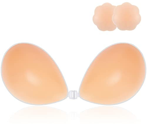 CatoFree Invisible Strapless Push Up Bra, Adhesive Silicone Backless Bra Reusable Sticky Bra with 2Pcs Nipple Covers for Evening Dress, Wedding Dress and Backless Strapless Clothing (D, Nude)