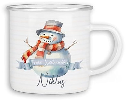 timalo® Emaille Tasse personalisiert mit Namen | Kinder Blechtasse Kindertasse Geschenk Weihnachten | Schneemann-1