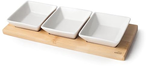 Lacor - 61240 - Bandeja de Bambú, Bandeja de Aperitivos 100% Bambú y Porcelana, 3 Compartimentos, Fácil Limpieza, Apta para Lavavajillas, Ideal para Servir Aperitivos, Capacidad de cada Cuenco: 100 ml