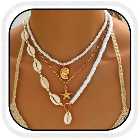 Fashband Boho-Seestern-Halskette, Muschel, mehrlagige Halsketten, Strand-Halskette, Ketten, Zubehör für Frauen, Einheitsgröße, Perlen, Kein Edelstein