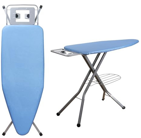 TEENO Table à Repasser Pliable 120 x 45 cm,pour Centrale Vapeur,Verrouillage Sécurisé,7 Réglages De Hauteur, Housse en Coton 100%,Support De Fer Intégré,Universel pour La Maison/La Laverie(Bleu)
