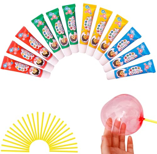 12 x Super Elastic Bubble Plastic,magic Bubble Glue,Magic Plastic Bubble Balloons,Set of 12 Kids Elastic Blowt Balloons with Straw, Party Favours and Gifts Fidget for Indoor and Outdoor Colour,geschen