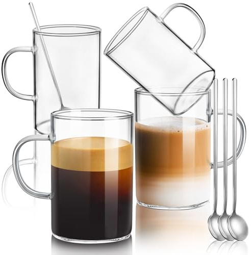 ecooe Lot de 4 tasses à café en verre avec poignée, 473 ml, tasses à thé transparentes pour latte, cappuccino