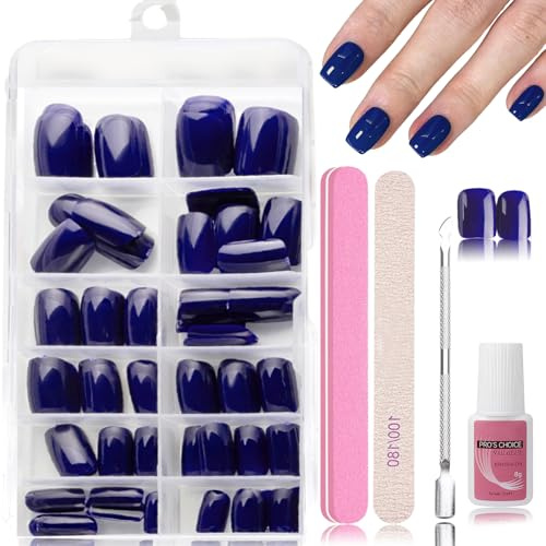 120 Stück Blau Nägel Zum Aufkleben, Natürlich Einfarbig Künstliche Nägel, Kurz Blue Press on Nails, Full Cover Fake Nails mit Nagelkleber für Frauen (Blau, Kurz)