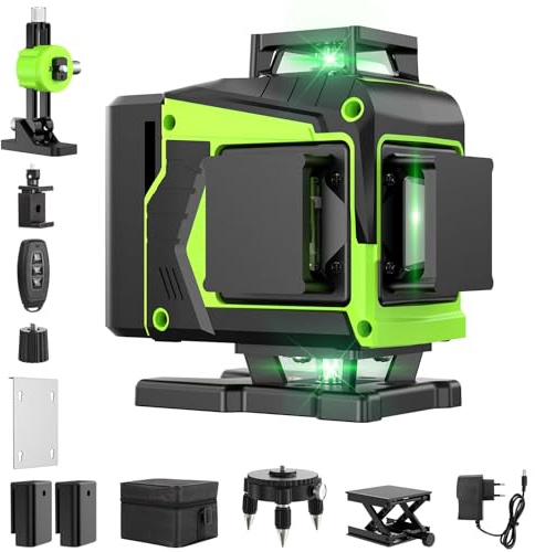 Kreuzlinienlaser Grün 16 Linien Nivellierlaser, 4 x 360 ° Laser wasserwaage, linienlaser kreuzlaser selbstnivellierend für Innenbereich Baustelle, 2 x Batterie Vermessungskabine
