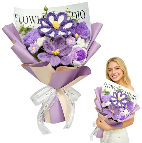 Wxeadu Crochet Flowers Bouquet, Handmade Crochet Flower Bouquet with Gift Bag & Card, Knitted Flowers Gelsemium, Rose, Forget-me-not for Mom/Anniversary/Graduation/Home Decoration/Wedding (Purple)