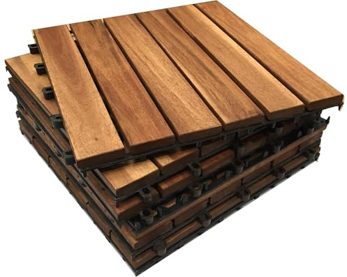 CLICK-DECK Hardwood Decking Tiles | Patio, Balcony, Concrete, Hot Tub Deck Tiles | 30x30cm Square Connect Flooring | Easy Installation | Acacia Wooden Brown | Great Drainage (12x Hardwood Deck Tiles)