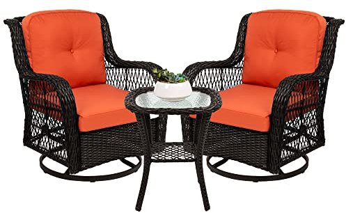 Best Choice Products 3-Piece Outdoor Wicker Patio Bistro Set w/ 2 360-Degree Swivel Rocking Chairs and Tempered Glass Top Side Table - Rust