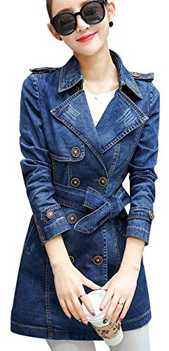 Lazutom - Giacca da donna in denim di cotone, doppiopetto, lungo