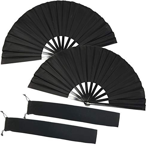 TIHOOD 2 x großer faltbarer Handfächer aus Seide, chinesischer Tai Chi Faltfächer für Männer und Frauen, Performance, Tanz, Dekorationen, Festival, Geschenk (schwarz x2)