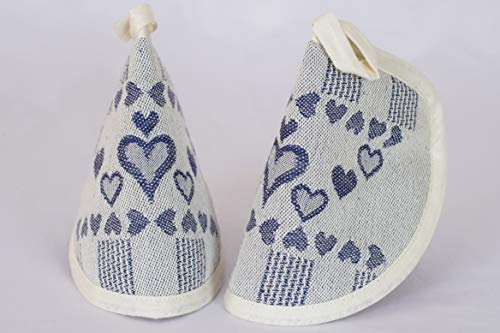 Set 2 presine a cappuccio Tessitura Nagler - Linea Cuori - Blu - Tessuto Jacquard Misto Cotone 50% e Lino 50% - 15 x 10 cm