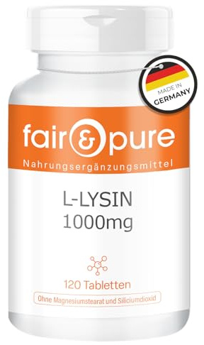 Fair & Pure L-Lysin 1000mg Tagesdosis, 120 Tabletten, hochdosiert, Nahrungsergänzungsmittel vegan ohne Magnesiumstearat, in Deutschland hergestellt