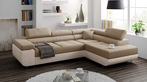 Miami Ecksofa Schlaffunktion, Eckcouch mit Bettkasten, L Form Couch, Ecksofa mit Bettkasten, Sofagarnitur mit Schalffunktion, Ottomane Rechts, 272 x 203 cm (Cremig + Cremiger Kunstleder - EKO)