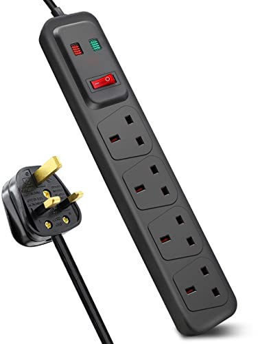 EXTRASTAR Universal Extension Lead, 4 Way Outlets Surge Protection Power Strips with Switch, Wall Mounted 13A/MAX.3120W Fused UK Power Socket (1M, Black)