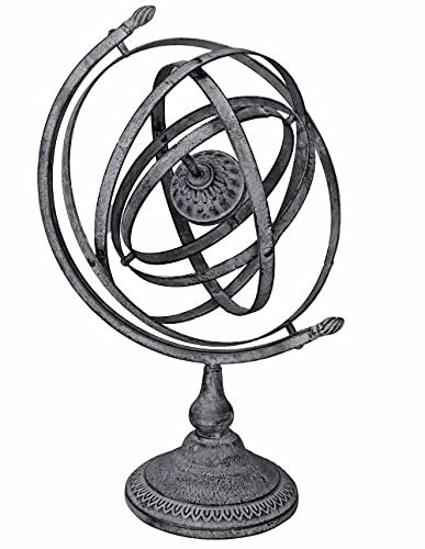 Astrologische Sonnenuhr aus Eisen in Grau – Antik Optik im Landhausstil, dekorative Armillarsphäre Gartendeko, ca H 53 x B 36 cm, Sockel 20 cm, rustikaler Blickfang für Garten, Terrasse und Beete