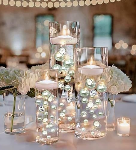 100 Floating White Pearls with Sparkling Gems- Large Sizes- Fills 2 Gallons of The Floating Transparent Water Gels for Your Vases- with Pre-Measured Prep Bags for Best Results!