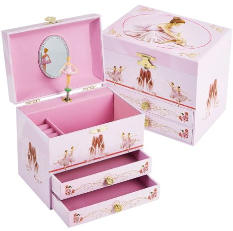TAOPU Boîte à bijoux musicale avec ballerine rotative pour filles de 3 à 12 ans avec 2 tiroirs, boîte à bijoux pour enfants de 3 à 12 ans