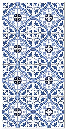 Panorama Vinylteppich - Modell Hydraulic Fliesen Blume Blau 300x200 cm - Verschiedene Größen - Deko Küche, Läufer und Outdoor