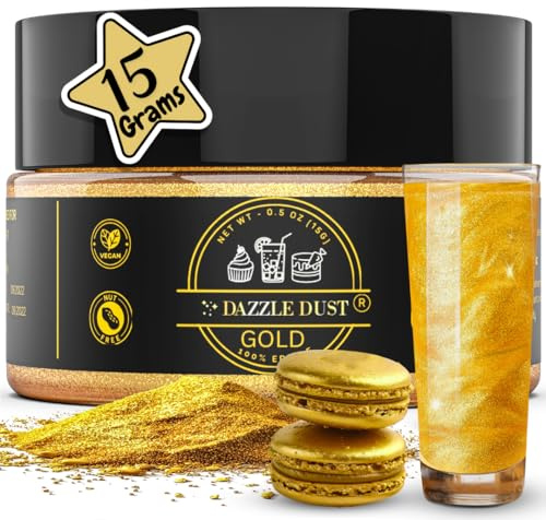 Dazzle Dust Edible Glitter Powder Sprinkles for Cake Decorating, Drinks, Cookie, Icing, Dessert Decorations, Sparkly Luster, Food-Grade, Vegan, Gluten Free, Kosher, Bulk 15g, Gold
