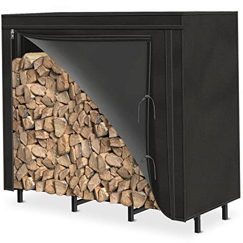 4ft Outdoor Firewood Rack with Cover Combo Set Waterproof for Wood Storage, Adjustable Fire Log Stacker Stand, Heavy Duty Firewood Holder for Fireplace Metal Lumber Storage Carrier Organizer
