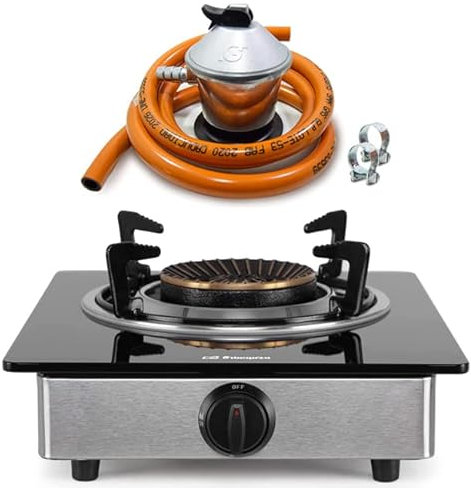 Pack Hornillo a gas de triple corona, cuerpo inox, superficie de cristal templado, butano y propano, interior y exterior + Regulador de gas butano completo