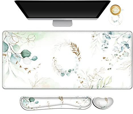 ARTSO Tapis de souris de jeu avec support de poignet XXL Grand tapis de bureau + support de poignet pour clavier + repose-poignet + dessous de verre ergonomique 4 en 1 en mousse à mémoire de forme,