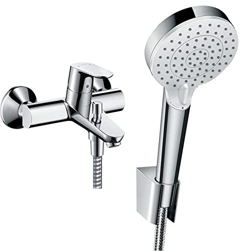 hansgrohe Set mit Focus Aufputz Wannenarmatur für 2 Funktionen (Chrom) + Crometta wassersparendes Brausehalterset mit Sparduschkopf, Duschschlauch1,60m und Halterung (Weiß/Chrom)
