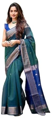 Flosive Bella Mix Colore Verde Kanjivaram Seta Sari Con Zari Tessitura Con Camicetta, BLU B, taglia unica