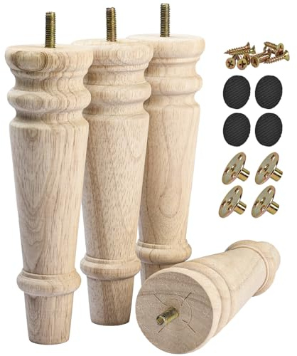 TCHOSUZ 20cm / 8 Zoll Holz Möbelfüße, 4er Set Klassisch Spindel Unlackiert Massivholz Tischbeine Kugelfüße mit M8 Bolzen & & T-Muttern DIY Ersatz für Sofa Bett Schrank Ottomane
