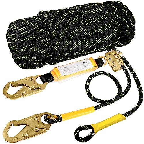 TRSMIMA Rope Harness Safety Lanyard：150ft Vertical Roofing Rope with Grab Snap Hooks Shock Absorber - Fall Protection Tree Climbing Line Kit Heavy Duty Roof Safety Equipment ANSI CE