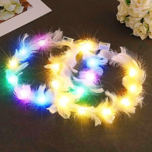 Zoestar Leuchtende Feder-Stirnbänder, LED-Federkrone, Stirnband, Festival-Girlande, Kopfschmuck, Haarschmuck für Frauen und Mädchen (2 Stück)