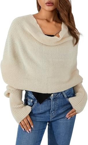 Edhomenn Wollschal für Damen, Strick-Wickelpullover, vielseitig verwendbar, einfarbig, Y2K, Herbst-Winter-Schal mit langen Ärmeln, 01 Beige, One size