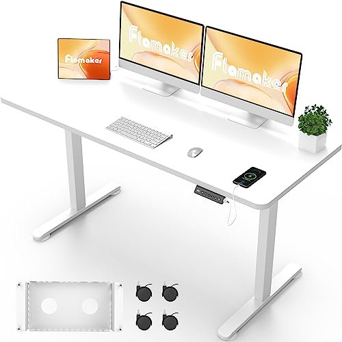 Flamaker Höhenverstellbarer Schreibtisch Ganze Tischplatte 140 x 60 cm, Schreibtisch Höhenverstellbar Elektrisch mit Memory Steuerung, Gaming Tisch mit Sitzende Erinnerung und USB-Aufladung (Weiß)
