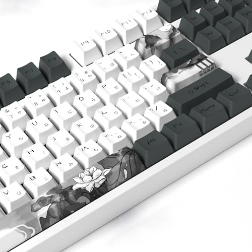 MOLGRIA Ink Lotus Tastenkappen 68 Set, Benutzerdefinierte PBT Kirschprofil Dye-Sublimation Tastenkappen mit japanischer Schriftart für 68 Tasten Cherry MX Switch Gaming-Tastatur ANSI-Layout (JP)