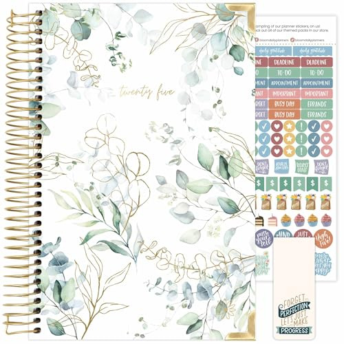 bloom daily planners Hardcover Kalender 2025 Jahresplaner (Januar 2025 – Dezember 2025) – Passion/Ziel-Organizer – Monats- und wöchentliches inspirierendes Agenda-Buch – 14 x 21 cm – Eukalyptus, Weiß