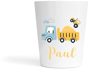 Gobelet Enfant Personnalisé Camion Chantier – Gobelet Incassable 230ml sans BPA – Prénom École ou Crèche – Tasse Garçon Rentrée Scolaire – Engins de Travaux