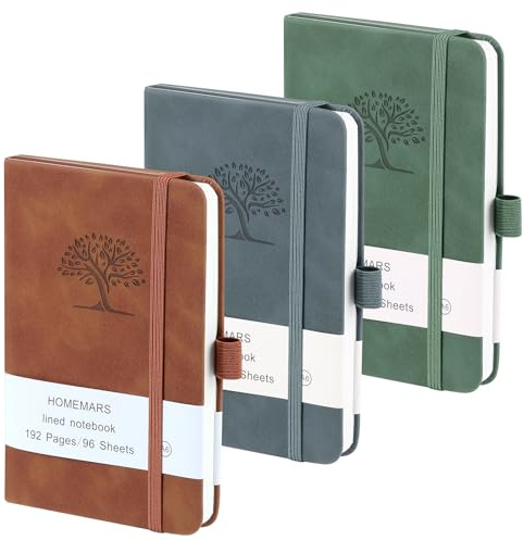 Anteckningsbok a6, 3-pack dagbok, anteckningsbok, anteckningsbok, 14 cm x 9,6 cm anteckningsbok, brun, grå, grön, 192 sidor, anteckningsbok, resedagbok, läderanteckningsbok, präglad trädritning