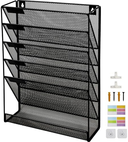 6-stöckiger Netz-Wand-Aktenhalter mit flacher Ablage unten, mittelgroßes Netz, vertikale Hängeregistratur-Organizer, Büro-Hängeregister, Zeitschriftenständer, Namensschild-Haken-Set inklusive, Schwarz