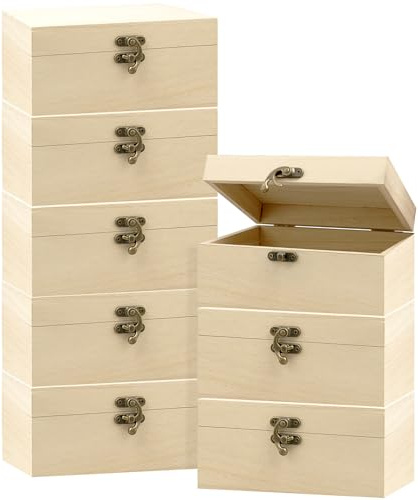 Xaztr 8 Pack Unfinished Wooden Boxes Bulk with Hinged Lids for Craft | Unpainted craft boxes for painting, decorating, storing jewellery, keepsakes or small hobby supplies