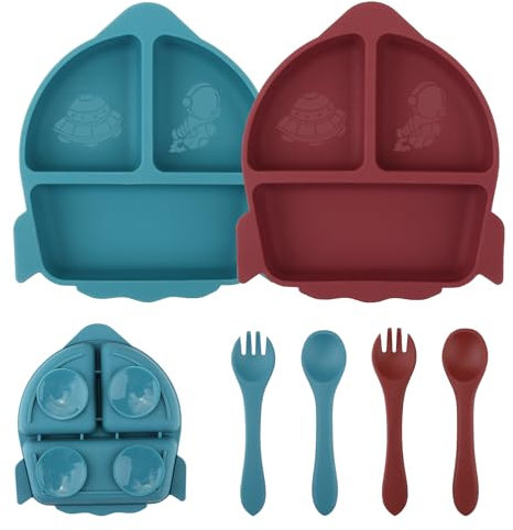 nohlerlife 2 Unterteilt Kinderteller mit Saugteller und 2 Babylöffel 2 Gabeln, Silikon Babyteller Rutschfest niedliche Rakete für Baby Fütterung Utensilien, BPA frei (Blau/Rot)