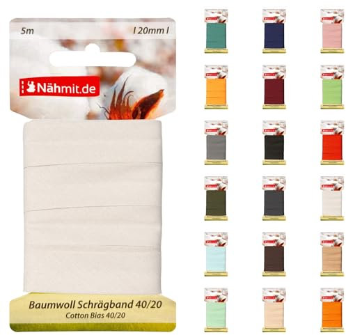 Nähmit 5m Karte Baumwoll Schrägband, 100% Baumwolle 20mm Breit - 40/20 vorgebügeltes Schrägband (A02-Weiss, 5m Karte)