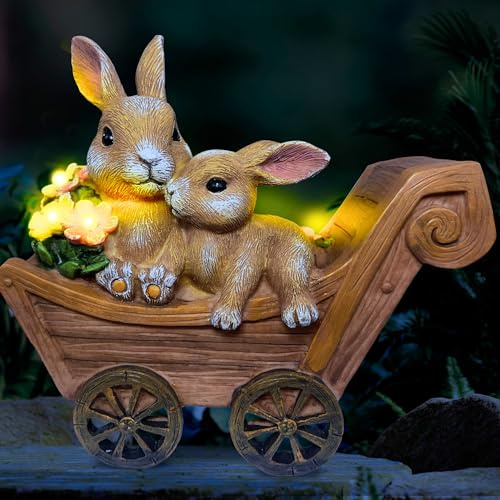 PRETMANNS Solar Bunny Garden Statue Outdoor Decor with Lights - Rabbit Garden Statues for Outside Yard Patio - Whimsical Animal Figurines - Waterproof Resin Bunny Gifts for Women