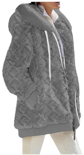 Plüschjacke Damen Teddy - Lange Sweatshirt Jacke Damen Mit Kapuze Zip-Sweatjacke Warm Winterjacke Einfarbig Hoodie Pullover Oversize Plüschjacke Mit Reißverschluss Fleecejacke Cardigan Kapuzenmantel
